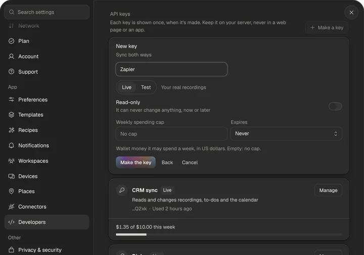 A new key named Zapier: Live chosen, Read-only off, no weekly spending cap, never expires, and Make the key