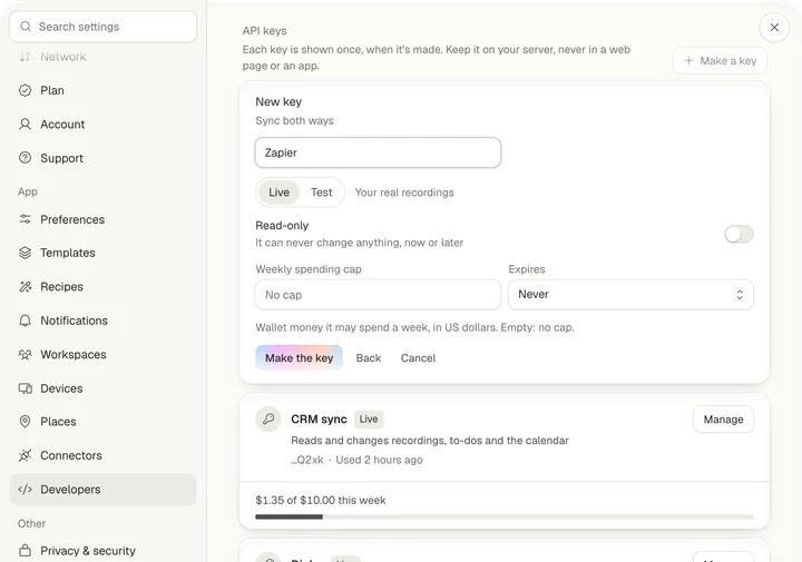 A new key named Zapier: Live chosen, Read-only off, no weekly spending cap, never expires, and Make the key