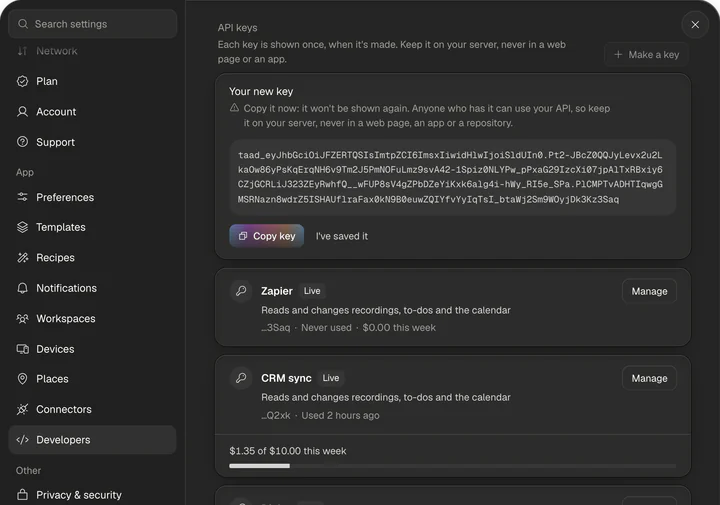 Your new key: a long token starting taad_, with Copy key and I've saved it, and the new key listed below
