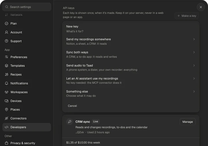 Settings › Developers, API keys: a new key asking what it's for, with five choices from Send my recordings somewhere to Something else