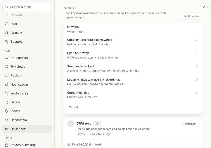 Settings › Developers, API keys: a new key asking what it's for, with five choices from Send my recordings somewhere to Something else