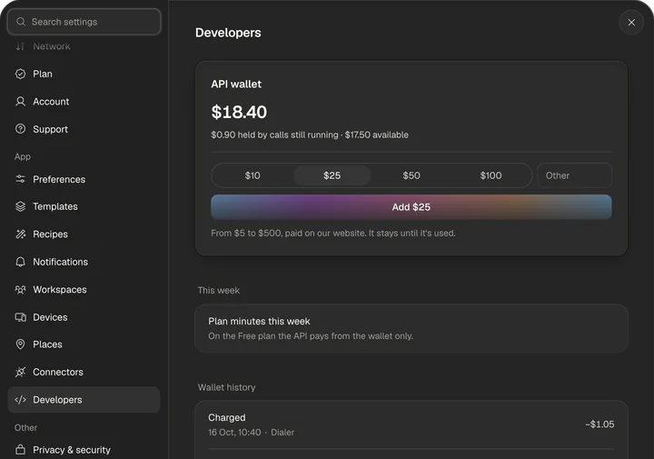 The API wallet: $18.40, $0.90 held by calls still running, amounts from $10 to $100 or Other, and Add $25