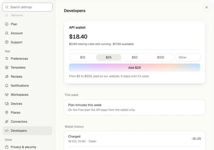 The API wallet: $18.40, $0.90 held by calls still running, amounts from $10 to $100 or Other, and Add $25